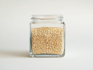 Jar filled with uncooked quinoa seeds on a white background in natural light. Food preservation concept.