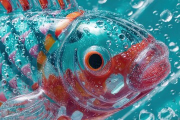 Luminous Glass Fish Figurine Adrift in a Sea of Sparkling Aqua Bubbles.