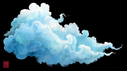 An auspicious traditional cloud drifts in a soft gently flowing form with wavy edges, subtle gradients and bleeding textures that create an airy translucent appearance against