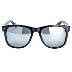Black frame eyewear with reflective lenses on dark background