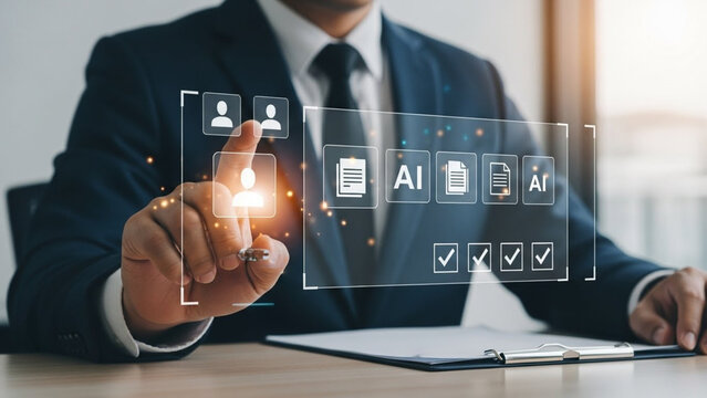 Businessman interacting with AI and document icons on a digital screen