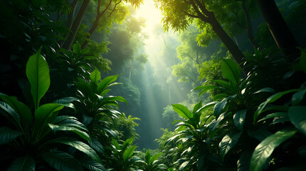 Peaceful rainforest scenery with bright sunlight breaking through tall trees and lush green plants creating tranquil environment in dense tropical foliage