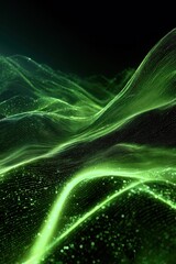 Luminous Green Digital Terrain with a Flowing Neon Data River.