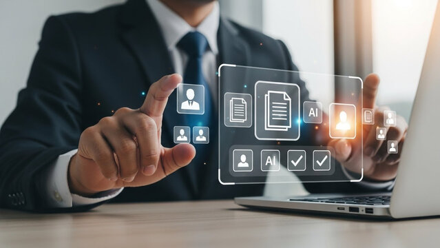 Man selecting AI and document options on a digital interface