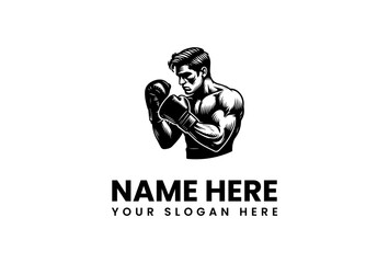Boxing logo vector illustration in black and white, featuring a muscular boxer with gloves, editable vector design with customizable text area, eps format