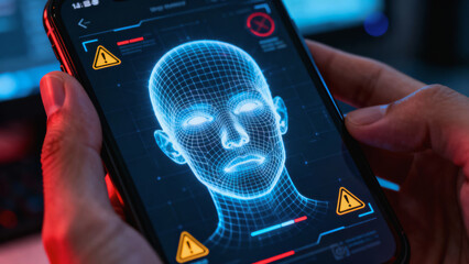 Serious facial recognition scam detection system shows security alert on smartphone for technology protection