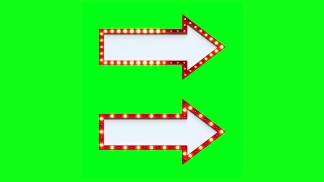 Two retro marquee arrow signs with glowing bulbs on a green screen, Loop video