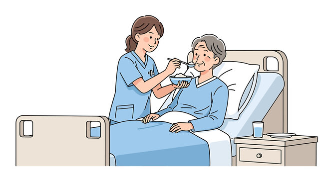 Nurse feeding elderly woman in hospital bed - compassionate care illustration