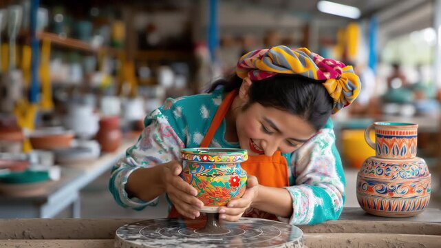 female artisan painting colorful ceramic pot in workshop with bright traditional patterns surrounded by handmade pottery and crafts