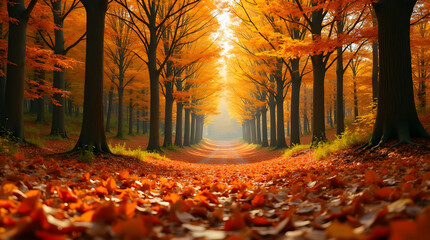 Picturesque Forest Trail With Golden Foliage And Sunlight Streaming Through Trees Creating Enchanting Woodland Scene For Autumn Nature Walk Amidst Colorful Leaves