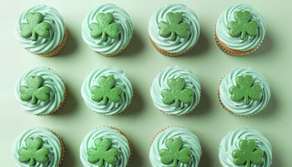 Green frosted cupcakes with shamrock decoration on pastel background
