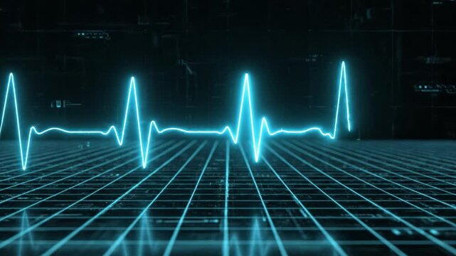 Electrocardiogram heartbeat pulse line glowing blue on digital grid surface showcasing medical monitoring technology with futuristic health data visualization and cardiology concepts