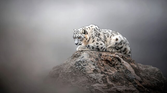 A snow leopard rests on a rock, with a misty background. The big cat looks calm and relaxed.