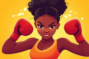 Retro Style Cartoon African Female Boxer Character in Action Pose, Ready for Boxing Match.
