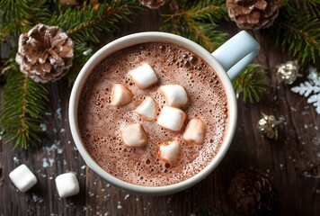 Hot cocoa with marshmallows on christmas wooden table