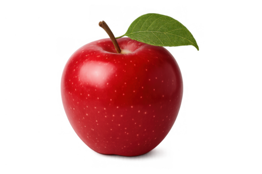 Red apple with a green leaf and stem, presenting healthy eating and fresh produce, ready for use with a clean transparent background