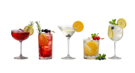 Five premium cocktails, mocktails in varied stylish glasses, fresh garnishes, minimalist studio background, soft light, flat lay. Beverage advertising concept