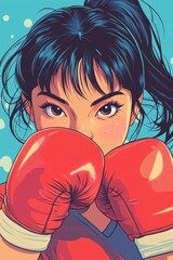 Retro Style Cartoon Female Boxer Character in Action Pose, Ready for Boxing Match.