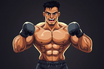 Cartoon Male Boxer in Fighting Stance on Dark Background, Vector Illustration.