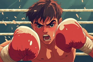 Cartoon Male Boxer Shouting Angrily in Boxing Ring, Vector Illustration.