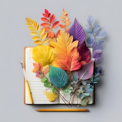 Colorful autumn leaves arranged in a rainbow spectrum spilling from an open notebook with a pencil
