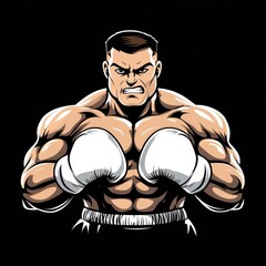 Cartoon Angry Male Boxer in Fighting Stance on Dark Background, Vector Illustration.