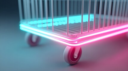 Shopping cart close-up with neon glowing wheels