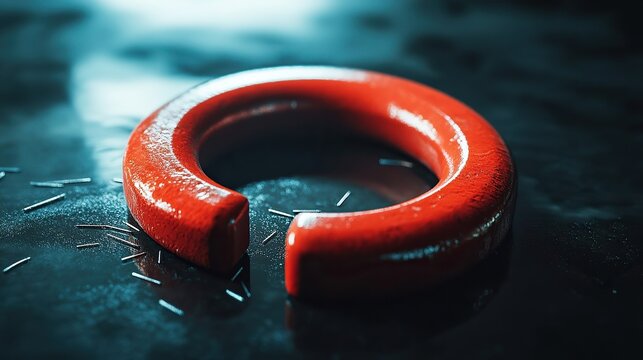Red semi-circle magnet pulling metal shavings on a dark surface, illuminated by blue light, close-up shot.