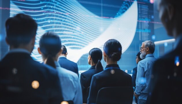 Business professionals observing a large digital screen with abstract data visualization during a conference, concept for business intelligence, technology innovation and corporate training