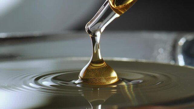 Oil droplet descending and creating ripples on a liquid surface. Close up of viscous liquid from a pipette for scientific application. - Powered by Adobe