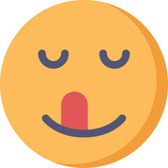 Yellow smiley face with closed eyes and tongue sticking out a symbol of deliciousness and satisfaction in a flat design style on a transparent background