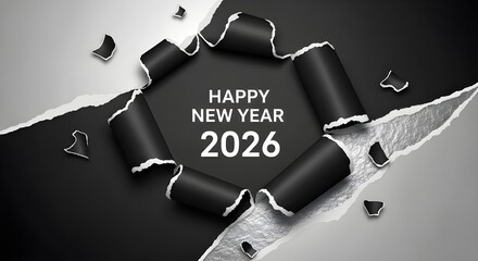 Happy new year 2026 message revealed through a torn black and grey paper background, symbolizing a fresh start and new beginnings