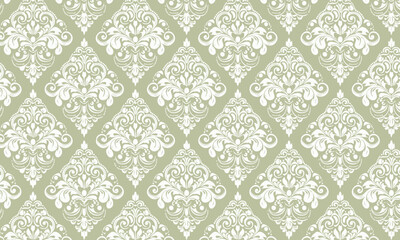 Seamless White on Sage Green Damask Pattern, Classic Vintage Diamond Floral Background for Wallpaper