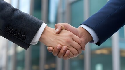 A closeup shot of two business professionals shaking hands, symbolizing agreement, partnership, and successful collaboration in a modern corporate environment