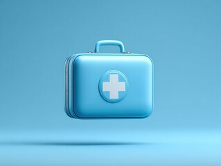 Light blue first aid kit with white cross. Safety equipment for medical emergencies and basic treatment.