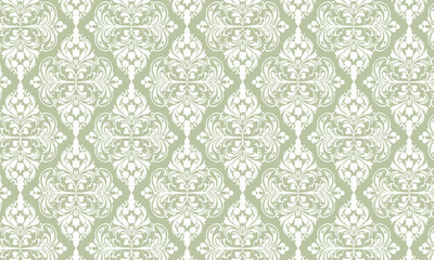 Seamless Royal Baroque Pattern, Dense Sage Green Damask Background for Luxury Packaging