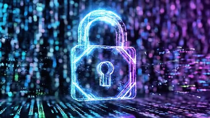 Digital artwork of an unlocked padlock made of light, abstract data streams and blur