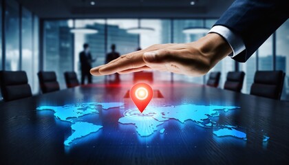 Businessman's hand protecting a glowing global map with a red location pin in a modern conference room, concept for international business, corporate leadership and strategic planning