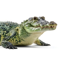 Close up of a large crocodile with textured skin on a white background