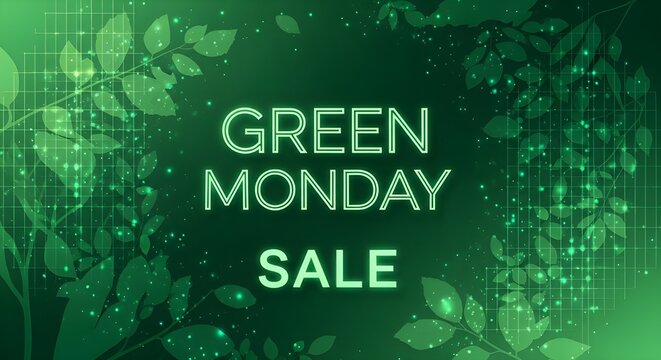 Green monday sale promotion banner with glowing leaves and digital particles, representing ecofriendly shopping events and sustainable deals and discounts