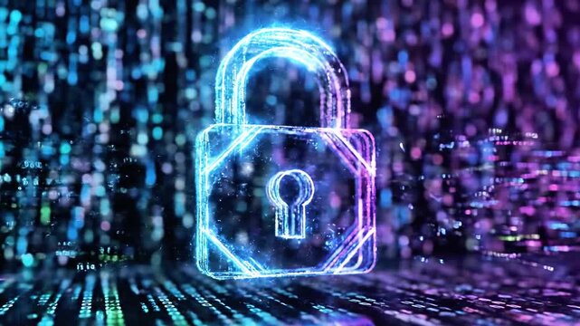 Digital artwork of an unlocked padlock made of light, abstract data streams and blur