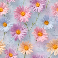Soft focus pastel floral pattern with delicate daisy like flowers in pink purple blue and yellow