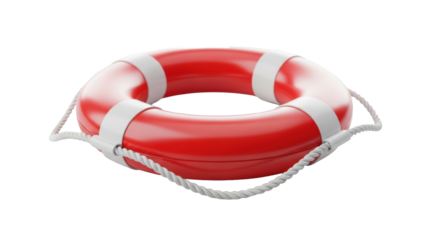 A pristine classic bright red and white lifebuoy with a white rope, on a clean light surface with an isolated background, symbolizing safety, support, and reliable business solutions