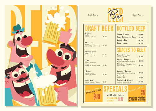 A playful vintage-style beer bar menu with funny  characters holding beer mugs. Includes draft and bottled beer list, snacks to beer, and specials section. Retro mid-century diner style. Suitable for 