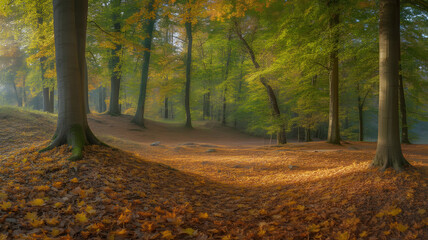 Quiet autumn woodland scenery with golden leaves covering ground and bare trees creating tranquil fall landscape under soft sunlight during foliage season