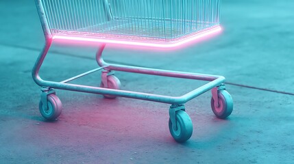 Shopping cart close-up with neon glowing wheels