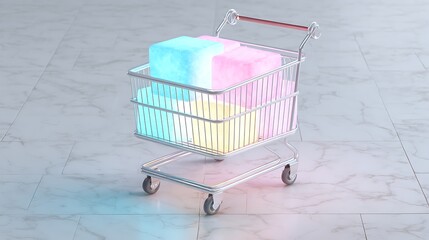 Shopping cart filled with glowing gifts on marble