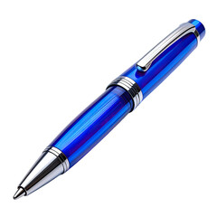 Elegant, shiny, blue pen with silver accents on black background