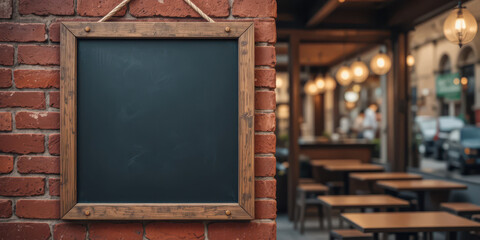 Empty chalkboard sign hanging on brick wall outside a cozy cafe, perfect for menu or promotional design, warm street ambience with soft lights and outdoor seating
