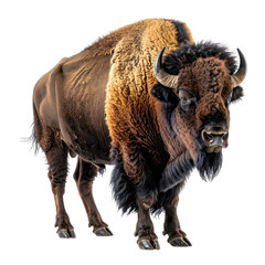 Bison Massive mammal with brown fur and curved horns posing
